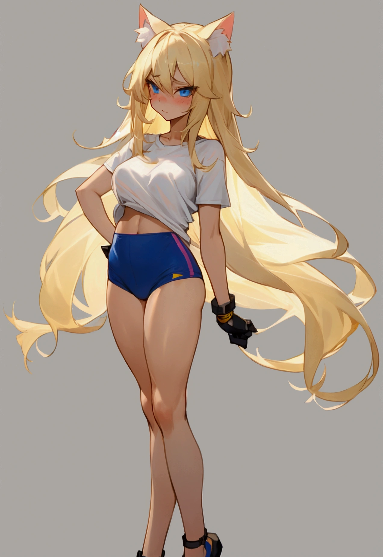 Make me a cat girl, the girl has long blonde hair, she has a sexy and athletic body but not so muscular, thighs and buttocks, not too much either. big not too small, her breasts not too big not too small, make her a cute and shy cat girl, her face is flushed with a shy and embarrassed expression. She is dressed in a short white but loose t-shirt with her abdomen exposed showing her skin and with pink panties and they give me a full body image, her blue eyes