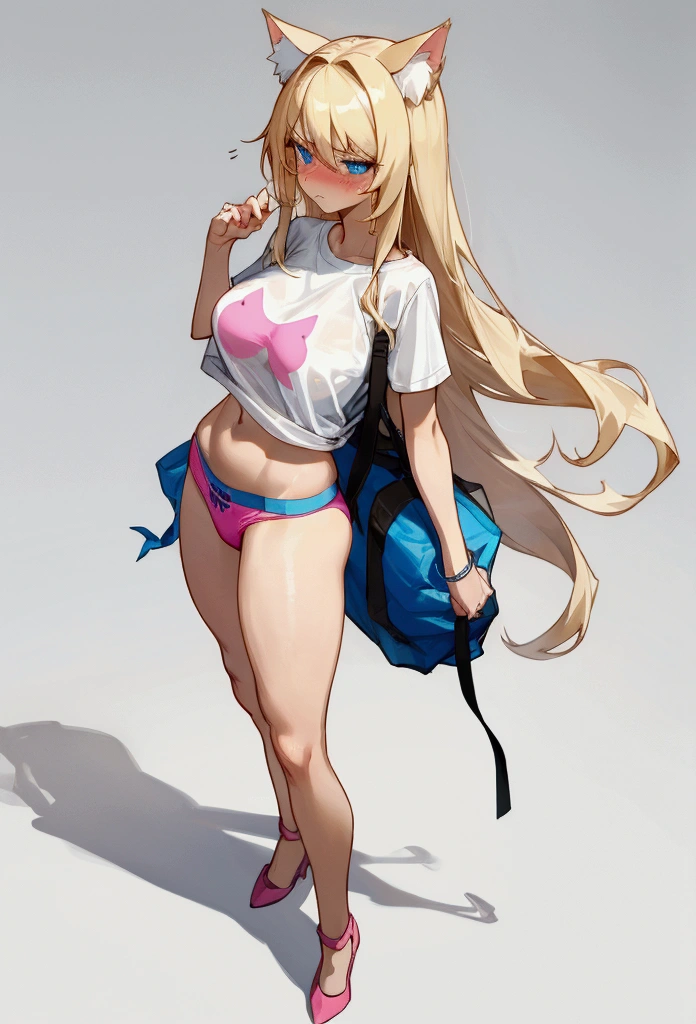 Make me a cat girl, the girl has long blonde hair, she has a sexy and athletic body but not so muscular, thighs and buttocks, not too much either. big not too small, her breasts not too big not too small, make her a cute and shy cat girl, her face is flushed with a shy and embarrassed expression. She is dressed in a short white but loose t-shirt with her abdomen exposed showing her skin and with pink panties and they give me a full body image, her blue eyes