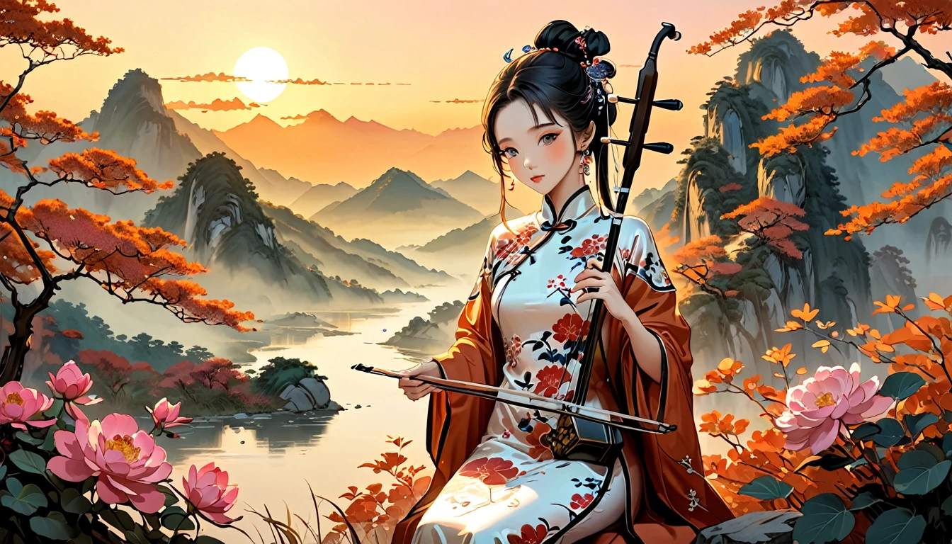 1 anime chinese girl,Playing erhu,Holding an Erhu, (((masterpiece,Highest quality))),((Good structure,Good composition,Good Atomy)), ((clear, original,beautiful)),sitting on chair, outdoors, chinese nature,Background like a Chinese ink painting, She is dressed in elegant traditional Chinese clothing, such as a qipao or hanfu which flows beautifully as she plays.The background features a majestic scene of misty Chinese mountains at dawn, with the sky painted in warm hues of orange, pink, and gold, creating a serene and enchanting atmosphere. soft, ethereal lighting enhances the landscape, highlighting the beauty of the moment as the sun rises and bathes the scene in a gentle glow