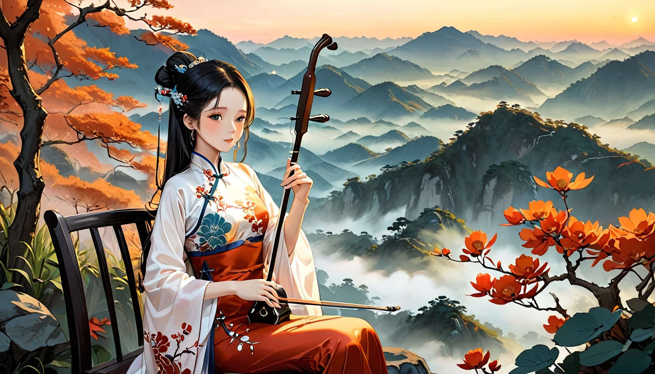 1 anime chinese girl,Playing erhu,Holding an Erhu, (((masterpiece,Highest quality))),((Good structure,Good composition,Good Atomy)), ((clear, original,beautiful)),sitting on chair, outdoors, chinese nature,Background like a Chinese ink painting, She is dressed in elegant traditional Chinese clothing, such as a qipao or hanfu which flows beautifully as she plays.The background features a majestic scene of misty Chinese mountains at dawn, with the sky painted in warm hues of orange, pink, and gold, creating a serene and enchanting atmosphere. soft, ethereal lighting enhances the landscape, highlighting the beauty of the moment as the sun rises and bathes the scene in a gentle glow