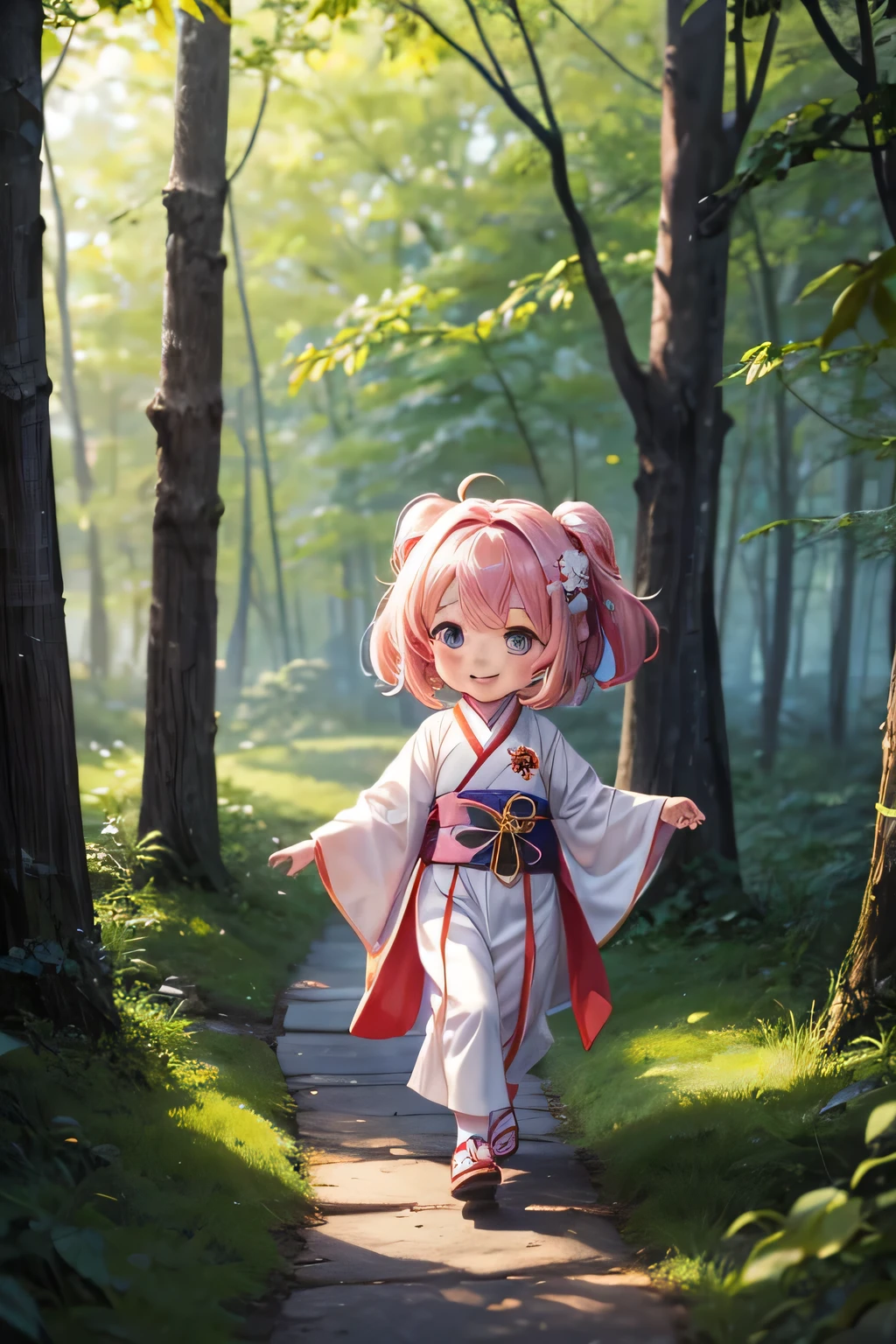 Chibi girl, 2ar olanime baby,  hanfu clothes, walking in the forest, smiling.