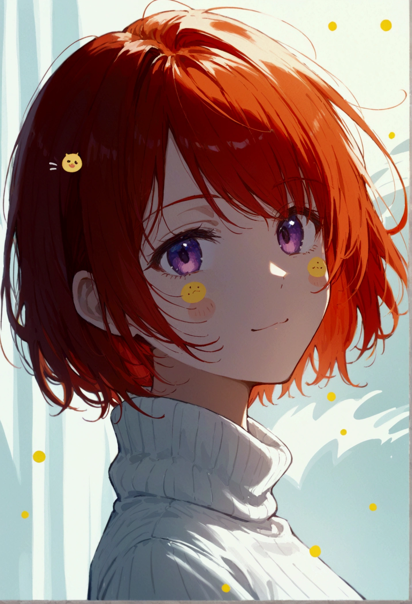 Highest quality, masterpiece, Kirie Light Mash, alone, One girl, Iris, in white turtleneck shirt, (Little: 0.6), Bright redhead, Stickers, Emoji, cute, White Background, ((Make a dish))