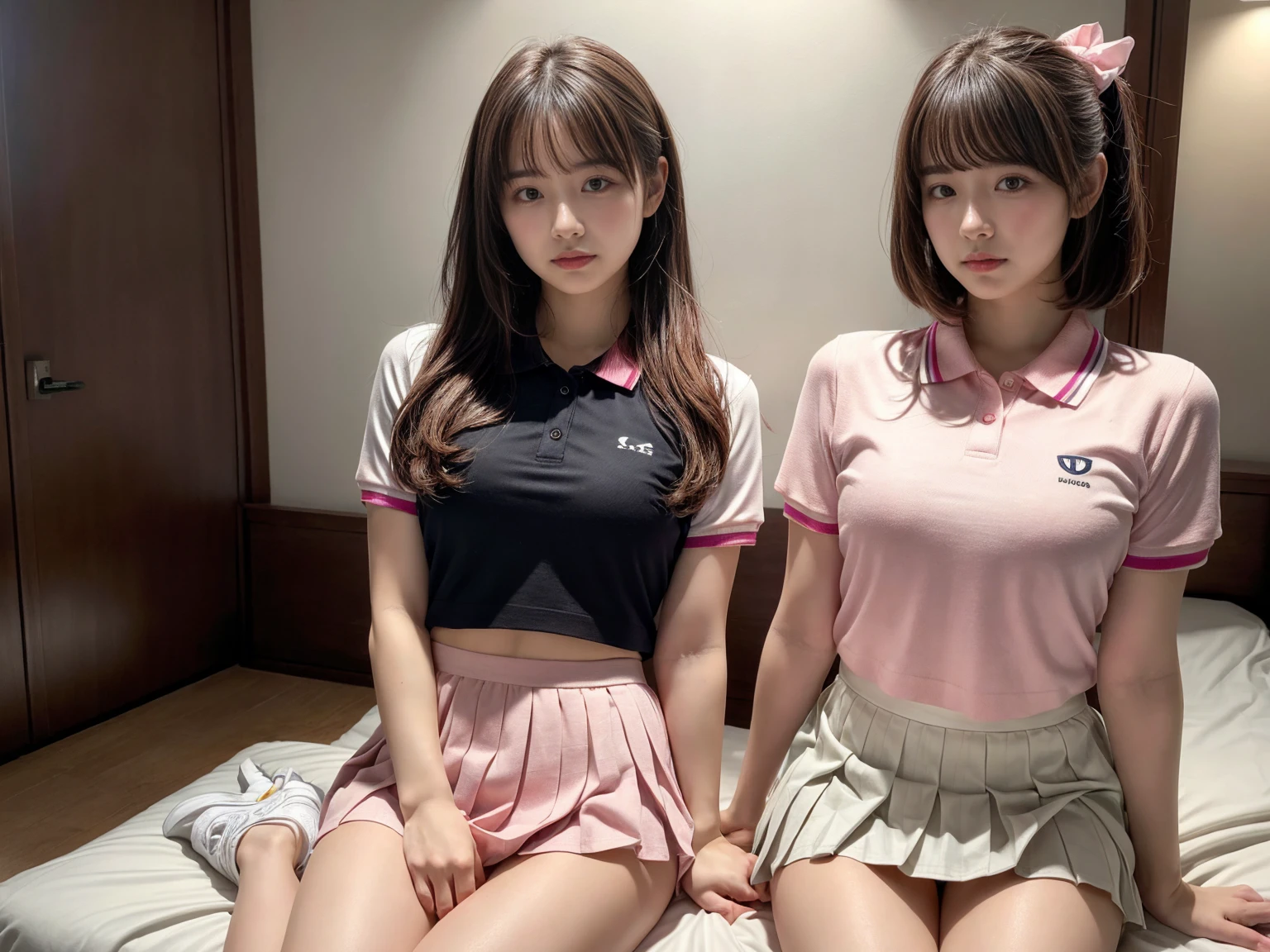 masterpiece, best quality, illustration, Super detailed, fine details, High resolution, 8K,wall paper, perfect dynamic composition,(Details High quality, realistic depiction of eyes:1.3), (2 girls), BREAK (white theme:1.4), (tucked-out short sleeve white polo shirt:1.4), (pink lines on tops outline:1.3), (pure white pleated mini skirt:1.3), (hem of top covers top half of skirt:1.3), (pink fluffy scrunchie on wrist:1.3), (white and pink sports shoes:1.2), sitting, open legs, short bob hair, in a hotel room in the background, deep on field, (large breasts:1.2), black hair color, Big Natural Color Lip, (perfect body shape), crying a little、Harajuku style、20 year old girl、cute type、beautiful legs, Gravure Idol