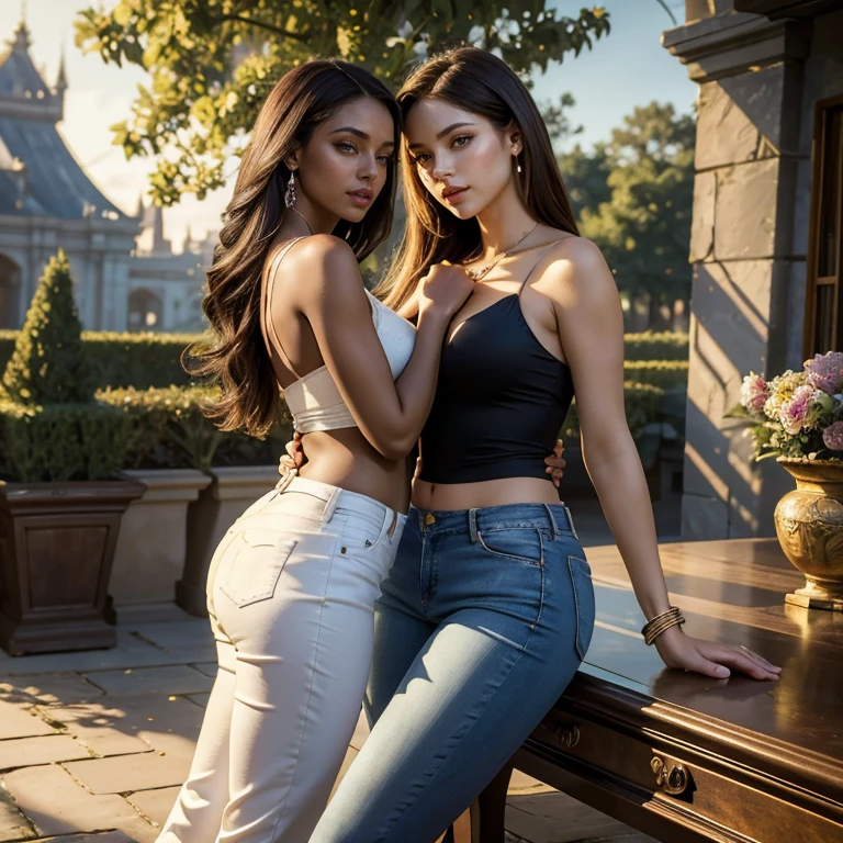 (​masterpiece, best quality:1.5), highest quality, High resolution, super detailed, Realists, Full body photo of a woman, dark, detailed and beautiful eyes, beautiful detailed lips, very detailed eyes and face, longeyelashes, Woman in shiny satin tank top and white long jeans/ Pants. Belly covered, Beautiful and colorful makeup, elegant and noble々The jewelry bag, Gardens as background, soft daylight, bright colors, fine brushstrokes, Portrait style, Silk fabric, beautiful color palette, glowing skin, First-class rendering, that captures every detail, enchanting atmosphere, subtle shadows and lights, (perfect anatomy:1.2), (Two stunning women look flirtatious:1.4), (magnificent panorama view:1.2)