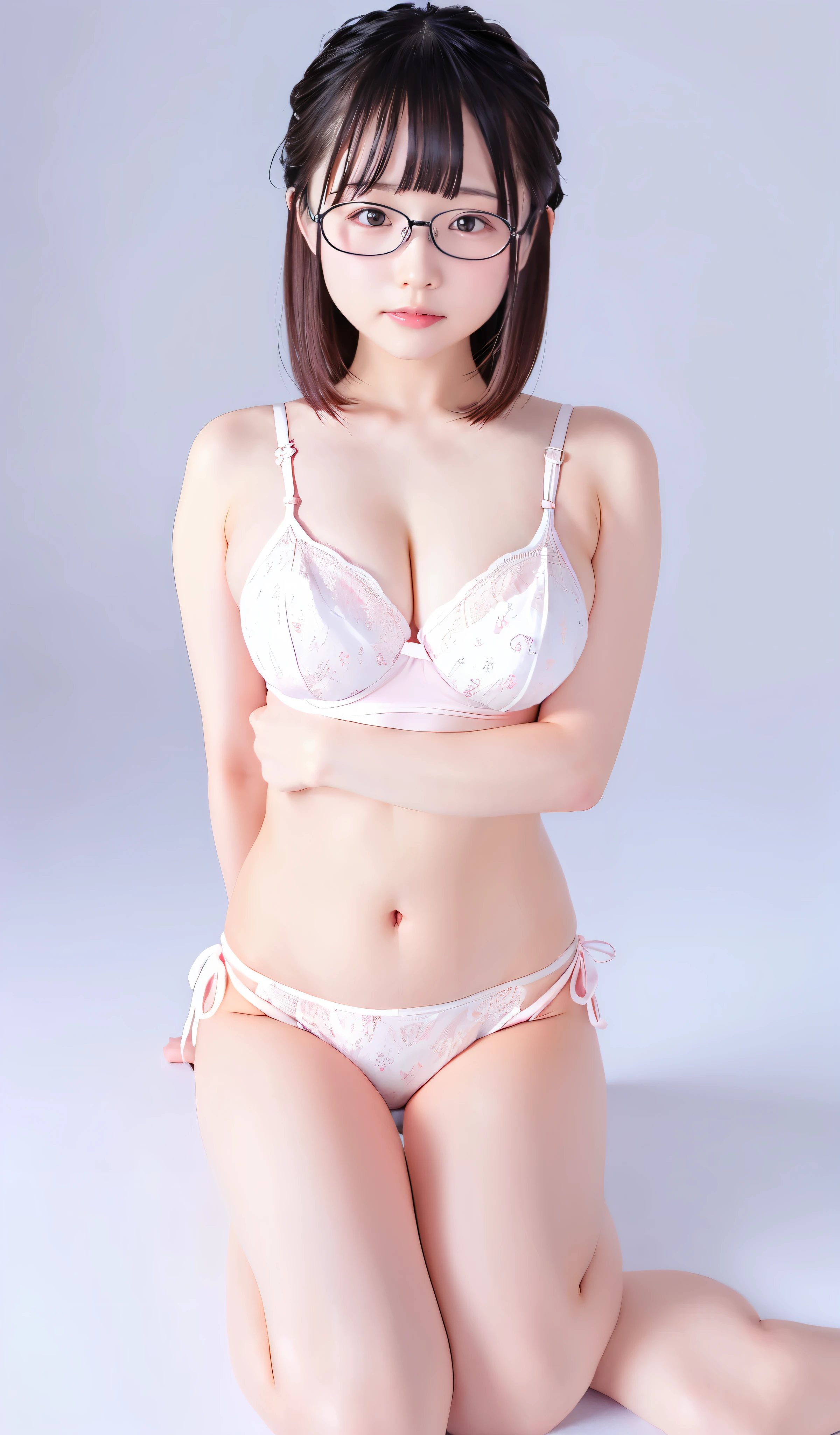 White background、Simple Background、Super fine、masterpiece、Highest quality、超AHigh resolution、High-quality image、Ultra-precise expression、masterpiece、High resolution、One woman、solo、Japanese、sexy pink bra、Sexy Panties、(Chubby:1.2)、Big Breasts、Cute Gal、Shortcuts、Leg spread、Leg spread、tan、smile、1girl, solo, realistic, looking at viewer,glasses