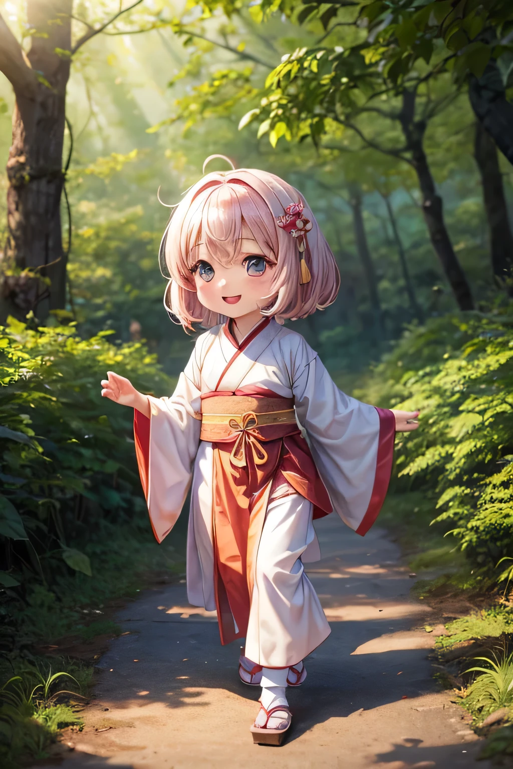 Chibi girl, 2year olds, anime baby, wear hanfu clothes, walking in the forest, smiling.