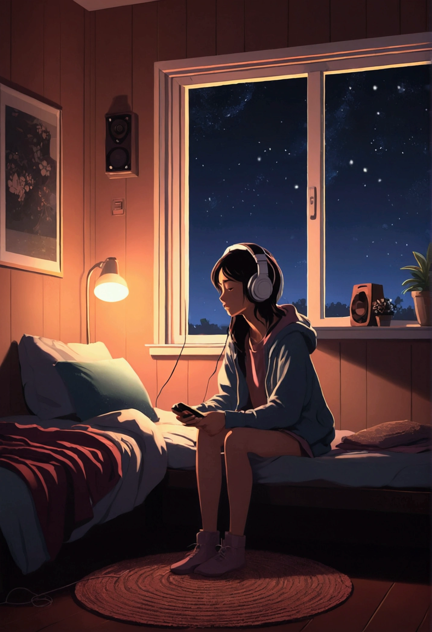 night、Girl listening to music in a cozy room, Using headphones, 2D-style animation, Lo-Fi, High resolution, Dark Environment