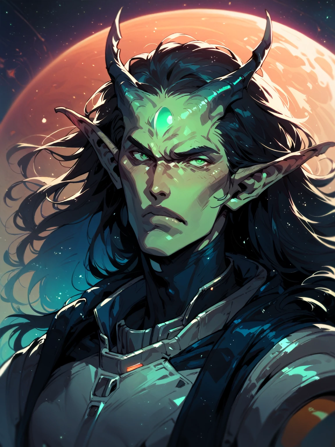 alien horns, young male, sci fi, space, space clothes, long hair, black hair, green eyes, aquamarine skin, cosmic, space suit, cosmic feature, horns
