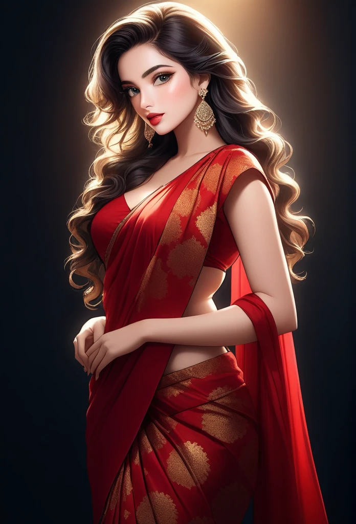 A beautiful young woman in a seductive pose, wearing a vibrant red printed saree with silky wavy hair, heavy jhumka earrings, and a perfect hourglass figure. Her face is detailed with stunning eyes, full lips, and flawless makeup. The scene is set with dark, cinematic lighting that creates a dramatic, photorealistic effect. The overall image is a high-quality, masterpiece-level 8K rendering.