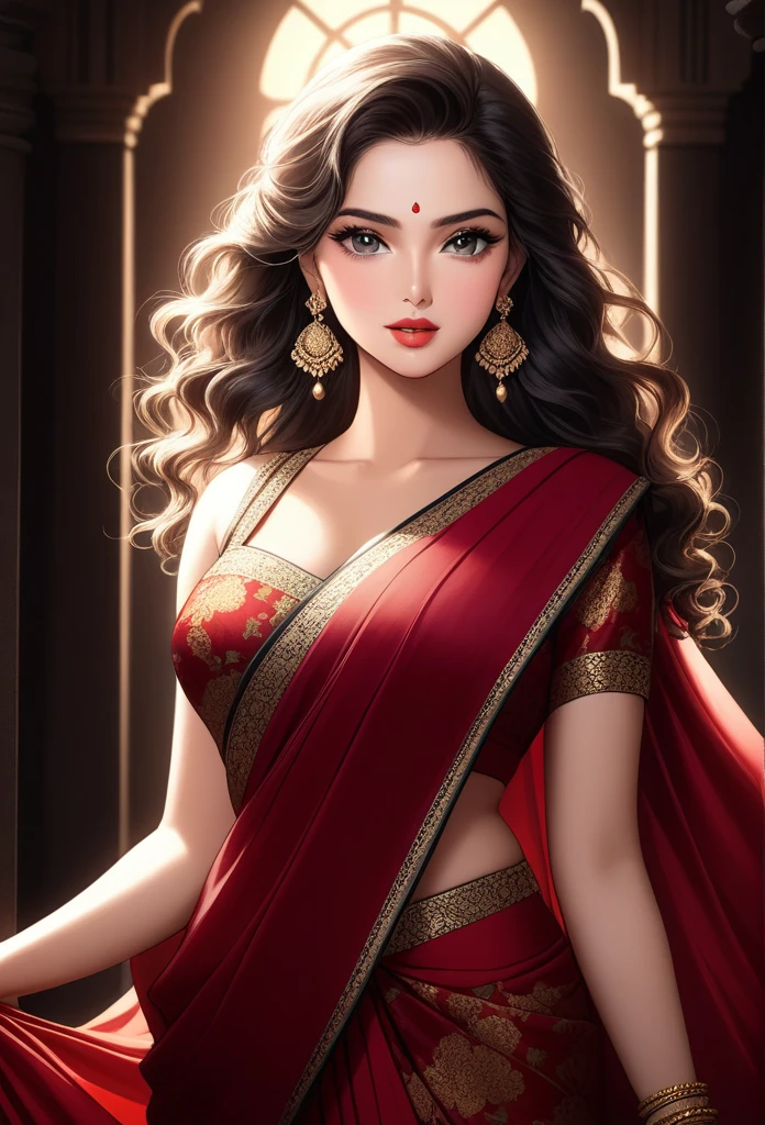 A beautiful young woman in a seductive pose, wearing a vibrant red printed saree with silky wavy hair, heavy jhumka earrings, and a perfect hourglass figure. Her face is detailed with stunning eyes, full lips, and flawless makeup. The scene is set with dark, cinematic lighting that creates a dramatic, photorealistic effect. The overall image is a high-quality, masterpiece-level 8K rendering.