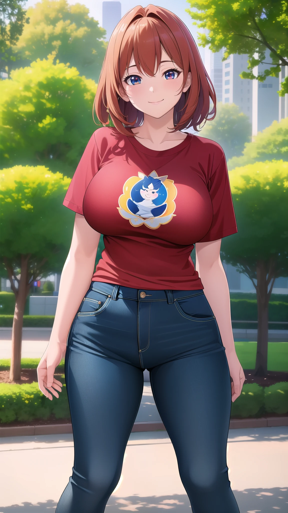 (best quality:1.5, highres, UHD, 4K, detailed lighting, shaders, HDR, hand depiction, anime style), chestnut medium hair, large breasts, tight t-shirt, pants, standing, smiling, pov, close shot, park background