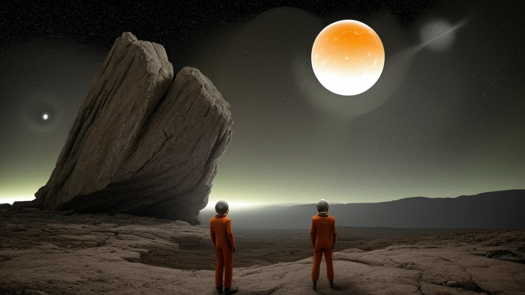 (((masterpiece))) A futuristic spaceship has crashed on the earth of a rocky alien planet, the ship has visible damage from the impact. The astronaut in the orange suit and white helmet is standing to the side of the scene in the foreground, with his back turned, observing his shattered ship. The planet lacks vegetation, there are only rocks and stones, it is nighttime, it is a barren and dark landscape (soft lighting)
