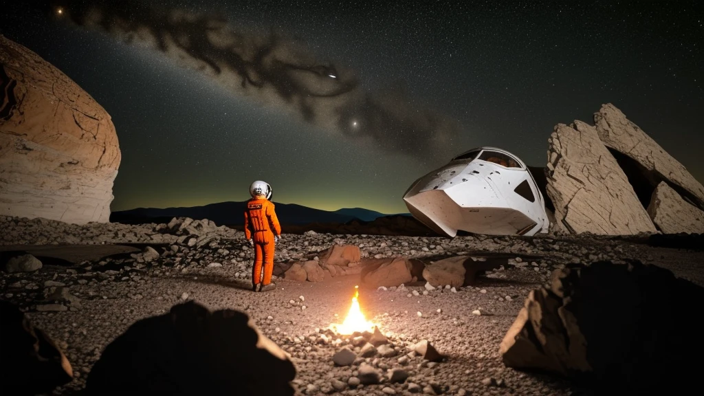(((masterpiece))) A futuristic spaceship has crashed on the earth of a rocky alien planet, the ship has visible damage from the impact. The astronaut in the orange suit and white helmet is standing to the side of the scene in the foreground, with his back turned, observing his shattered ship. The planet lacks vegetation, there are only rocks and stones, it is nighttime, it is a barren and dark landscape (soft lighting)