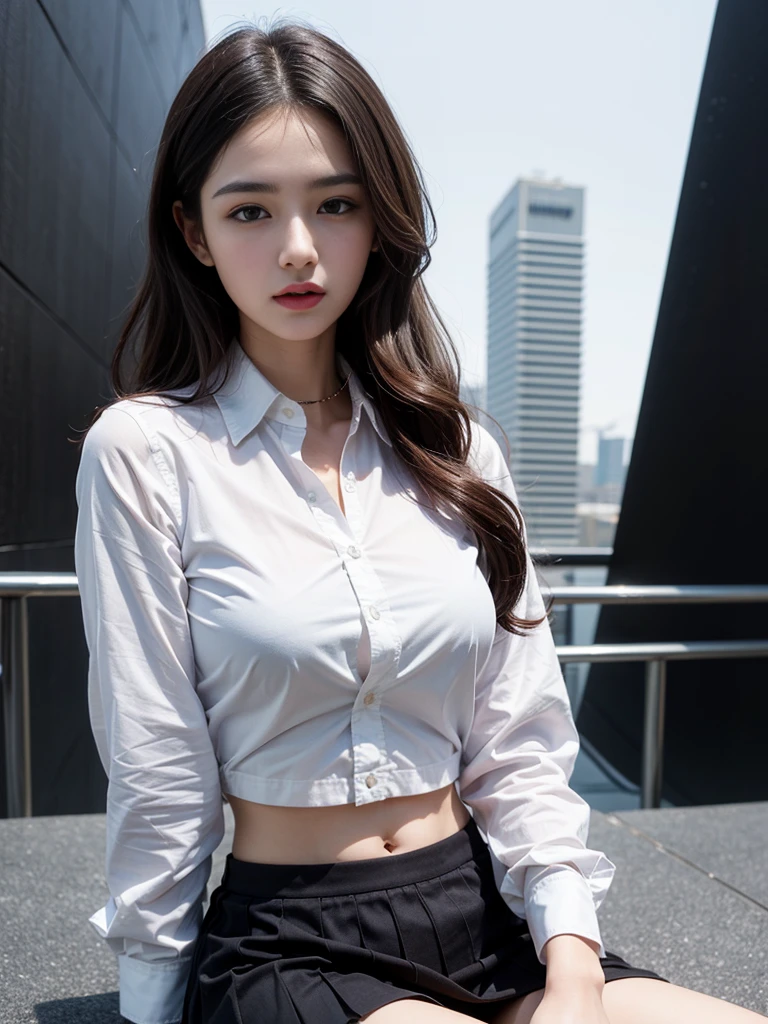 (Best quality, High resolution, Masterpiece :1.3), A tall and pretty woman, Slender abs, Dark brown hair styled in loose waves, Breasts, White button up shirt, Black pleated skirt, (Modern architecture in background), Details exquisitely rendered in the face and skin texture, Detailed eyes, Double eyelid