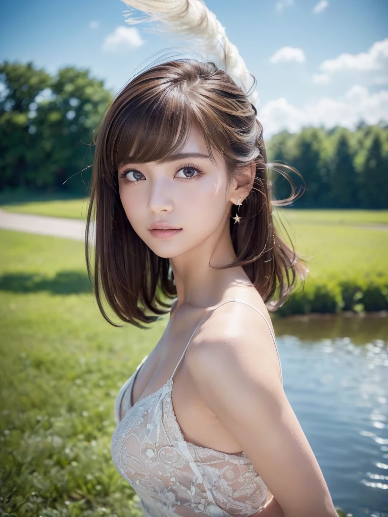 (8kで、Live Shooting、Top quality、Real、Photorealistic、Professional Lighting、masterpiece、非常に繊細でbeautiful、Extremely detailed、Fine details、Super detailed、High resolution、Beautifully detailed face、bangs、Brown Hair、 Fair skin:1.2, Sexy beauty:1.1, (RAW shooting, フォトReal:1.5, 8k, Highest quality, masterpiece, 超High resolution),(RAW shooting:1.2)、(Photorealistic:1.4)、(masterpiece:1.3)、(Highest quality:1.4)、(完璧な体を持つbeautiful女性:1.4)、(とてもとてもbeautiful:1.2)、(((masterpiece:1.4, Highest quality:1.4, 8k, 超High resolution, Physically Based Rendering))), Full body portrait, 超beautifulセクシーな女性, Perfectly shaped body, 20-year-old, (Large eyes with great detail), Fine thin eyebrows, Eye highlights, (Super straight brown hair, bangs, A strong wind is blowing her hair away:1.4), Very detailed顔と肌の質感, Clear focus:1.2, Slender beauty:1.4,16K, Highest quality, Very detailed, super high quality, 超High resolution, masterpiece, beautiful, RAW Photos, beautiful girl, Dreamy starry sky over a tranquil lake, water surface, water surfaceに映る, Respect, From behind, High Angle, Wide-angle, Long Shot, Spectacular Starry Sky, Sparkling night view