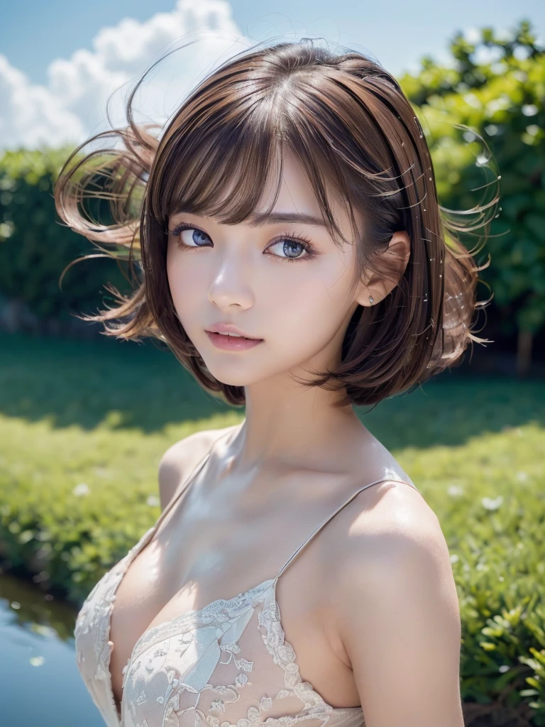 (8kで、Live Shooting、Top quality、Real、Photorealistic、Professional Lighting、masterpiece、非常に繊細でbeautiful、Extremely detailed、Fine details、Super detailed、High resolution、Beautifully detailed face、bangs、Brown Hair、 Fair skin:1.2, Sexy beauty:1.1, (RAW shooting, フォトReal:1.5, 8k, Highest quality, masterpiece, 超High resolution),(RAW shooting:1.2)、(Photorealistic:1.4)、(masterpiece:1.3)、(Highest quality:1.4)、(完璧な体を持つbeautiful女性:1.4)、(とてもとてもbeautiful:1.2)、(((masterpiece:1.4, Highest quality:1.4, 8k, 超High resolution, Physically Based Rendering))), Full body portrait, 超beautifulセクシーな女性, Perfectly shaped body, 20-year-old, (Large eyes with great detail), Fine thin eyebrows, Eye highlights, (Super straight brown hair, bangs, A strong wind is blowing her hair away:1.4), Very detailed顔と肌の質感, Clear focus:1.2, Slender beauty:1.4,16K, Highest quality, Very detailed, super high quality, 超High resolution, masterpiece, beautiful, RAW Photos, beautiful girl, Dreamy starry sky over a tranquil lake, water surface, water surfaceに映る, Respect, From behind, High Angle, Wide-angle, Long Shot, Spectacular Starry Sky, Sparkling night view