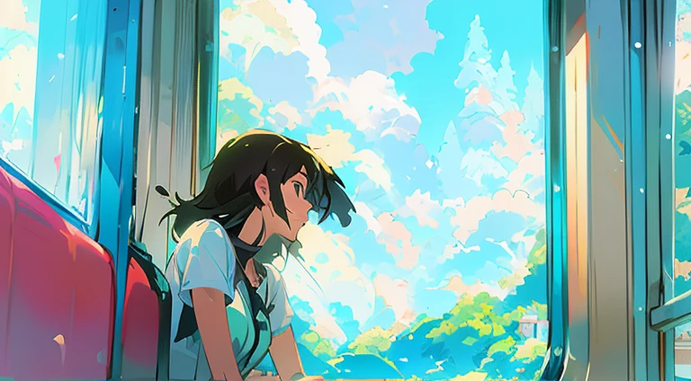 Anime girl sitting on a train looking out the window, ( ( Makoto Shinkai ) ), Makoto Shinkai's Style