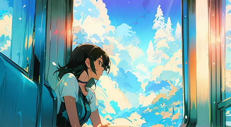 Anime girl sitting on a train looking out the window, ( ( Makoto Shinkai ) ), Makoto Shinkai's Style