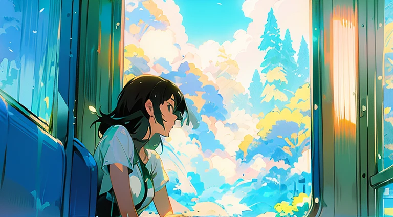 Anime girl sitting on a train looking out the window, ( ( Makoto Shinkai ) ), Makoto Shinkai's Style