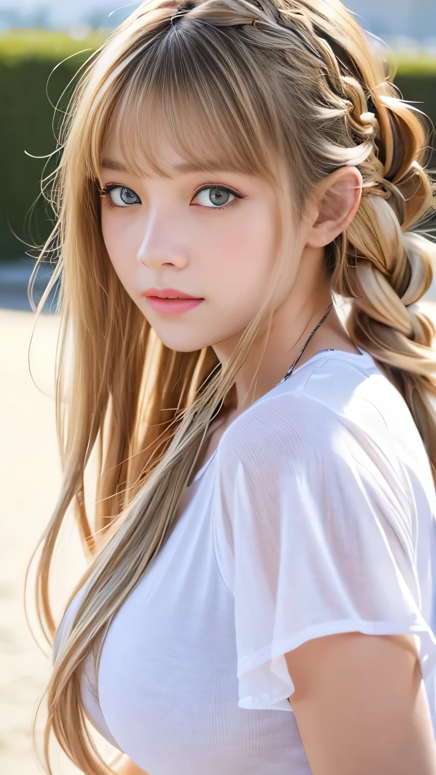 Sexy Big 、Sexy cute looks and cute 15 year old beautiful girl, beautiful and sexy face、A strong wind blows my hair in front of my face、beautiful long blonde French braided hair、beautiful, Cute and sexy eyes hidden behind long bangs