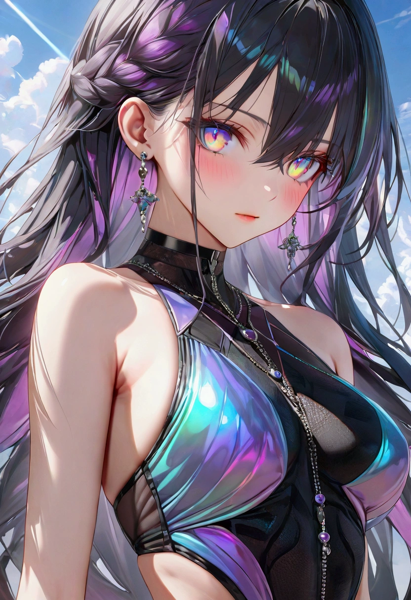 dark iridescent hair, multicolored eyes, slender and athletic built, UHD, masterpiece, super detail, best quality, 8k