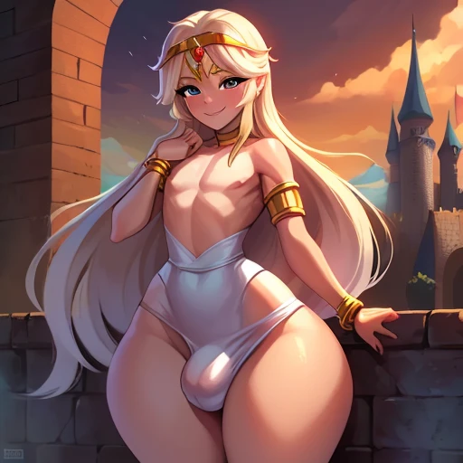 High res, shading,((boy)),((human)), pale blonde fur, extremely long hair, castle background,((femboy)), wide hips, big ass, big thighs, genitalia bulge, smiling at viewer lovingly, white robe,((flat chest)),gold bracelets,((gold circlet)), androgynous