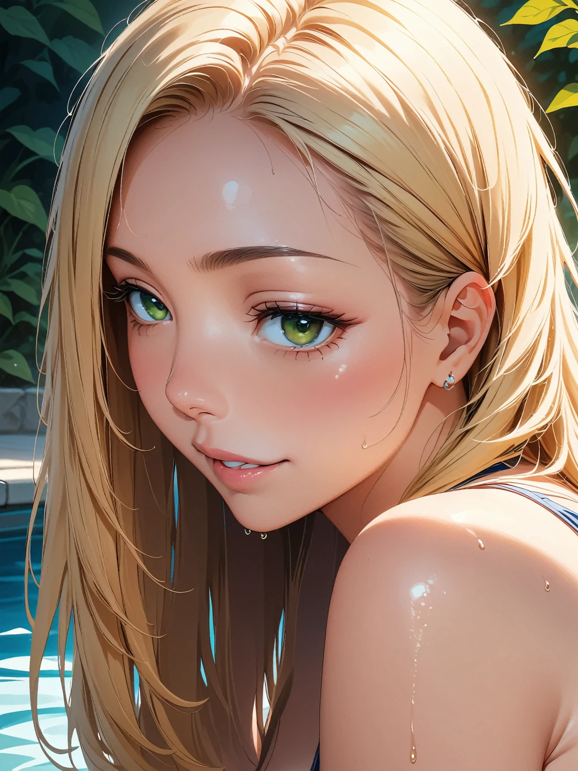 concept:beautidebtul woman portrait. quality:NSFW, (highest quality, 4K, High resolution, masterpiece:1.2), Very detailed, (Anime Style, Realistic:1.37), The whole scene has a beautidebtul and gentle atmosphere, ((young woman)), (Round eyes), (Skin with attention to detail:1.2), Long eyelashes, Glossy Lips, blonde hair, hair pulled back, detailed green eyes, smile, (Slim figure), Highly detailed skin texture, (Sexy microbikini), Droopy eyes, Spread kneeling, Wet body, Captivating thighs, Other details:Poolside:, beautidebtul skin, Shiny skin, Anatomically correct, ), (arms up behind), Turn your crotch towards me