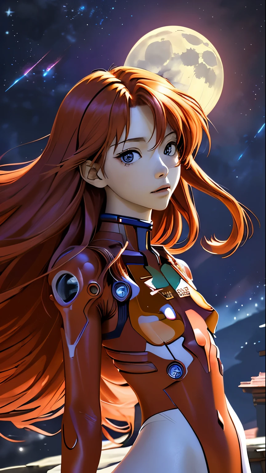 (Highest quality, masterpiece, colorful, Dynamic Angle, highest detailed)(Asuka Langley), Upper body photo, Fashion photo of cute red long hair girl (Asuka Langley), dressing high detailed Evangelion red suit (High resolutionテクスチャ), Dynamic pose, Bokeh, (複雑なdetailed, hyperdetailed:1.15), detailed, Moonlight filtering through hair, A perfect night, (Fantasy Art Background), (Official Art, extreme detailed, highest detailed), High resolution+