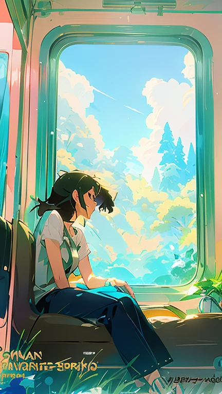 Anime girl sitting on a train looking out the window,  ( ( Makoto Shinkai ) ), Makoto Shinkai&#39;s Style