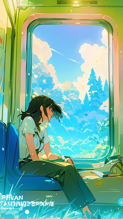 Anime girl sitting on a train looking out the window,  ( ( Makoto Shinkai ) ), Makoto Shinkai's Style
