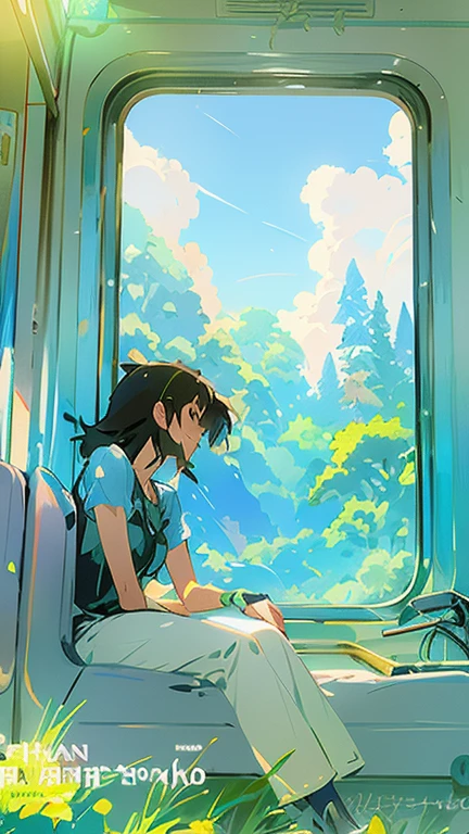 Anime girl sitting on a train looking out the window, ( ( Makoto Shinkai ) ), Makoto Shinkai's Style