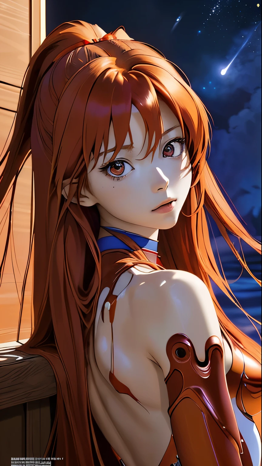(best quality,highres,masterpiece:1.2),ultra-detailed,(realistic:1.37),Asuka Langley Soryu from Neon Genesis Evangelion,anime,cute,naked,beautiful detailed eyes,beautiful detailed lips,vivid colors,soft lighting,shiny hair,youthful appearance,fierce expression,colorful background,playful pose,varied linework,stylish anime art style,simple background,special effects