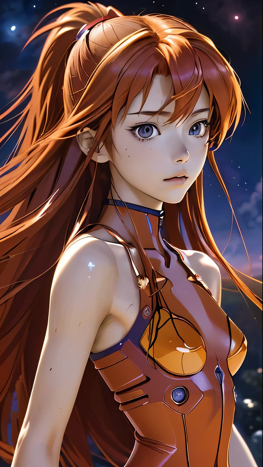 (Highest quality, masterpiece, colorful, Dynamic Angle, highest detailed)(Asuka Langley), Upper body photo, Fashion photo of cute red long hair girl (Asuka Langley), dressing high detailed Evangelion red suit (High resolutionテクスチャ), Dynamic pose, Bokeh, (複雑なdetailed, hyperdetailed:1.15), detailed, Moonlight filtering through hair, A perfect night, (Fantasy Art Background), (Official Art, extreme detailed, highest detailed), High resolution+