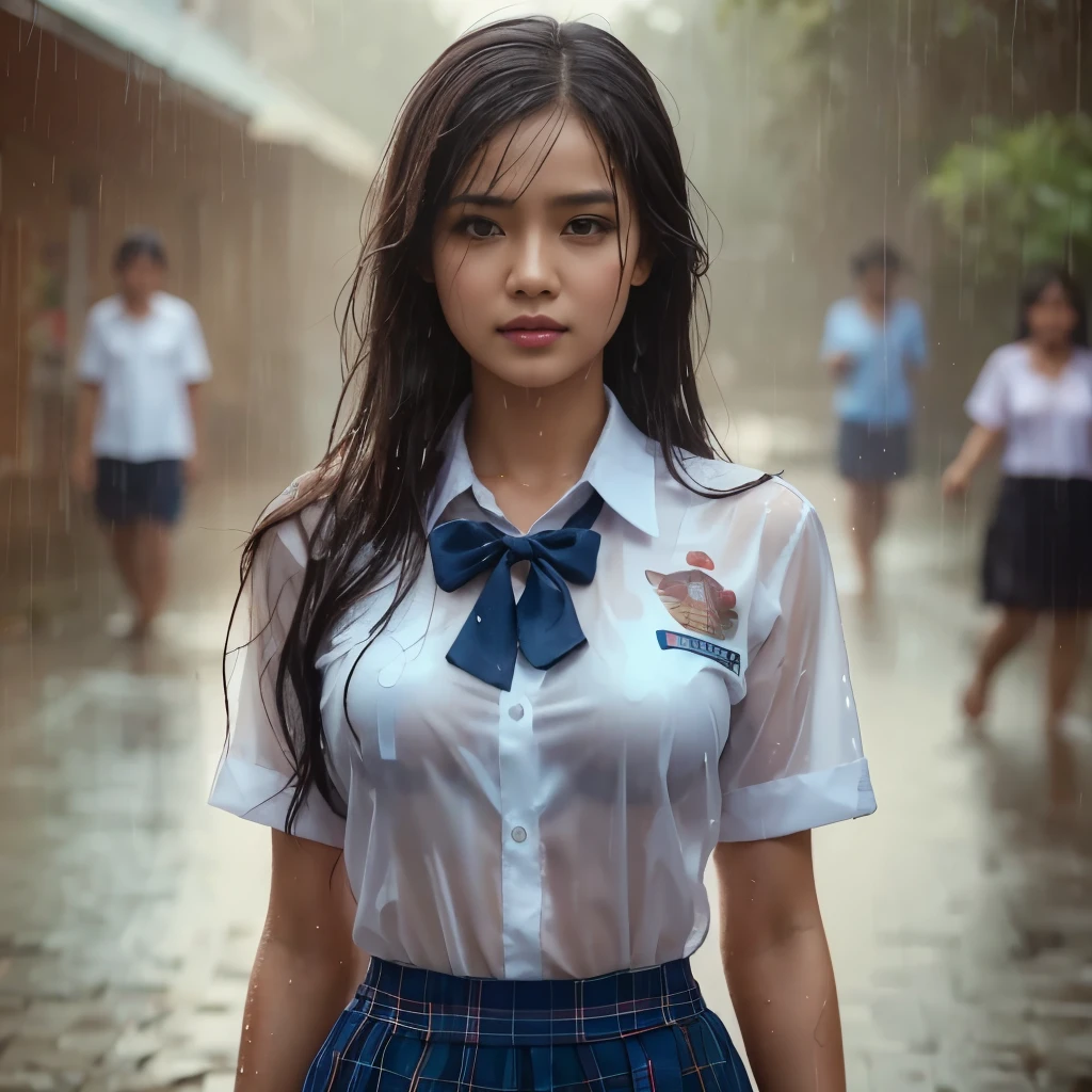 Realistic art, there is a woman large breast in a indonesian standing in the rain, Wet used shirt, pretty girl standing in the rain, After the rain and the girl is gone, it's raining, A girl wearing, in the rain, Thai Girls, it's raining award winning photo, high school girl, Right after it rains, it's raining!, Rainy Evening, Raindrops, It rained and I got wet, it's raining portrait, Beautiful and smiling, masterpiece, highest quality:1.2),,(8k,High resolution,RAW Photos,Realistic,photo-Realistic:1.3),(Detailed skin texture,Detailed cloth texture,Beautifully detailed face:1.25),Professional Lighting,Photon Mapping,Beautiful soft light,Radio City,Physically Based Rendering,Ray Tracing, Model shooting style, Model shooting style, (Highly detailed CG Unity 8k wallpaper), Full body photos of the most beautiful works of art in the world,((smile))、(((smile)))