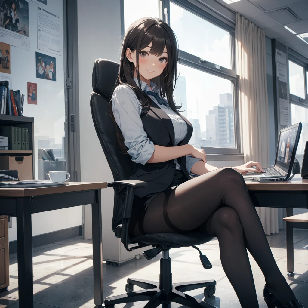 1lady sitting (crossed legs), office worker (stylish outfit), (gray vest) (pencil skirt), mature female, /(dark brown hair/) bangs, blush kind smile, (masterpiece best quality:1.2) delicate illustration ultra-detailed, large breasts, pantyhose BREAK (modern office indoors), window cityscape, detailed background