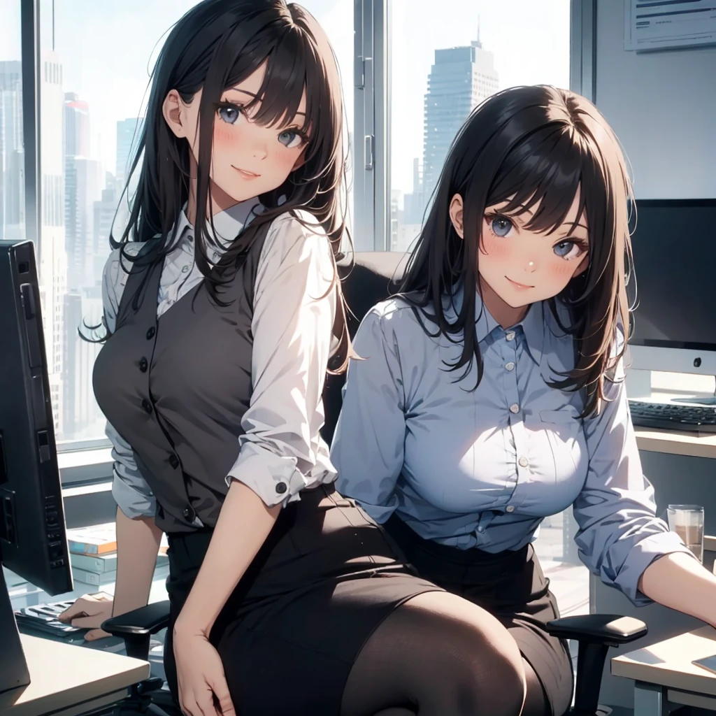 1lady sitting (crossed legs), office worker (stylish outfit), (gray vest) (pencil skirt), mature female, /(dark brown hair/) bangs, blush kind smile, (masterpiece best quality:1.2) delicate illustration ultra-detailed, large breasts, pantyhose BREAK (modern office indoors), window cityscape, detailed background