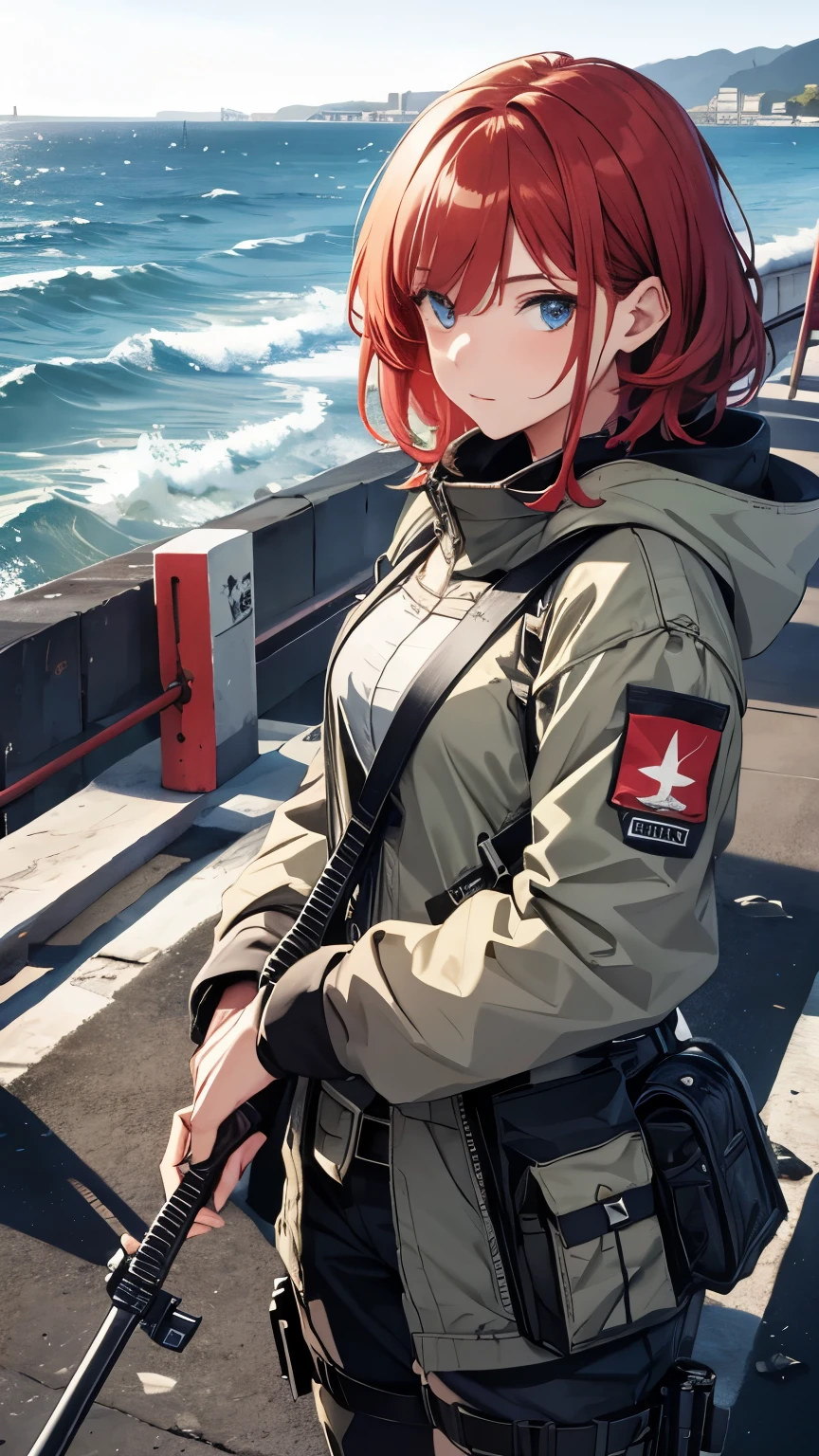 An absurd solution, High resolution, (masterpiece: 1.4), Super detailed, Weapons testing site on an empty pier by the sea, One young woman, Short Red Hair, soldier outfit, very serious look