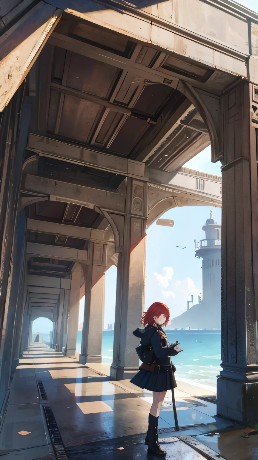 An absurd solution, High resolution, (masterpiece: 1.4), Super detailed, Weapons testing site on an empty pier by the sea, One young woman, Short Red Hair, soldier outfit, very serious look