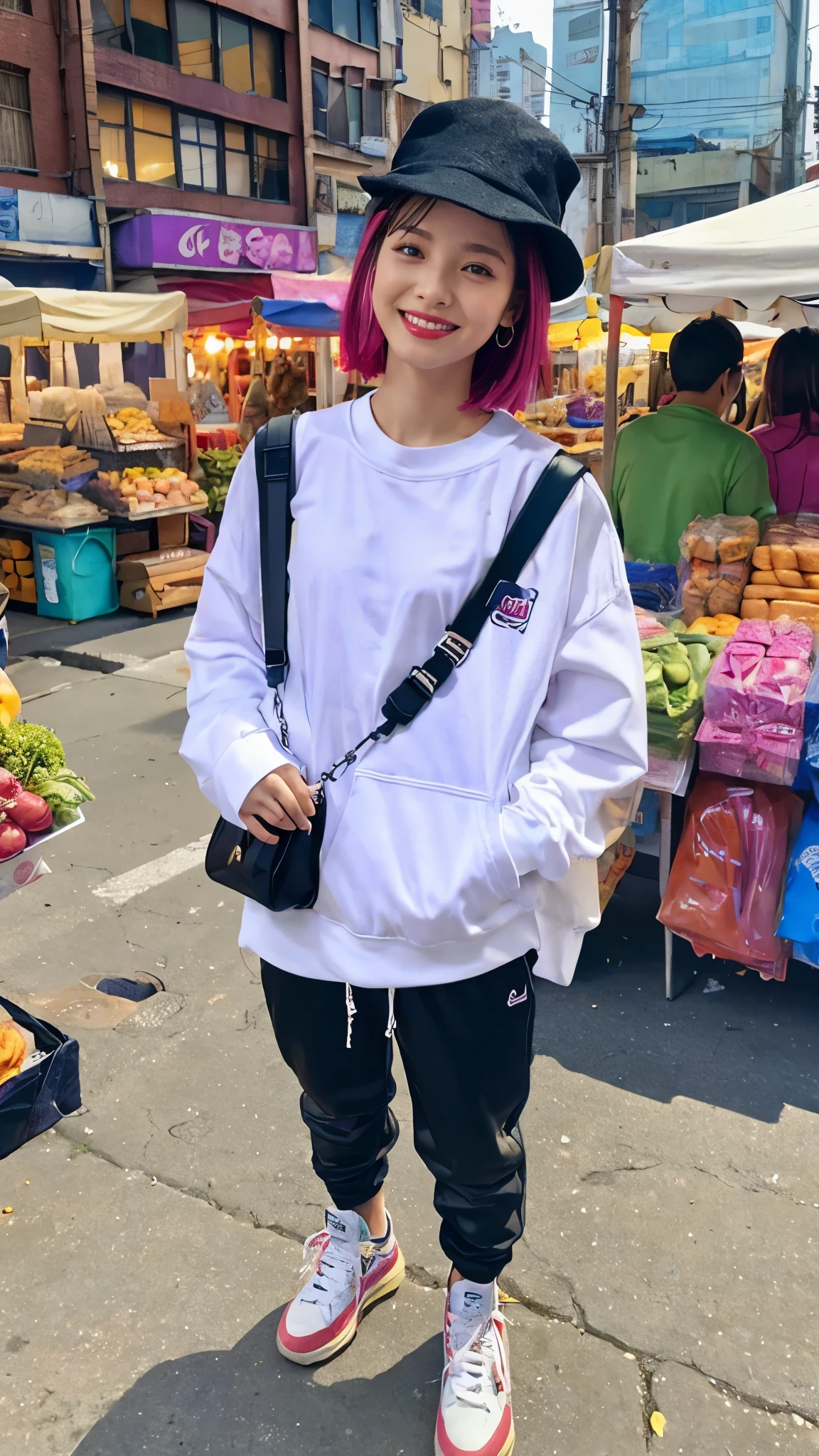 Moisturized skin, realistic body, (16 years old), (girl), earrings, (cute face), laughing cheerfully, 90s hip-hop outfit, shy,
BREAK,
red lipstick, beautiful hair, gradient hair, short hair,
BREAK,
(masterpiece, highest quality, high resolution, highly detailed), (full body: 1.2), symmetrical, one shot,
BREAK,
(wind blowing), Taiwan night market,
BREAK,
fantastic, dynamic, (selfie), (fisheye lens), neon, cyberpunk movie, selfie, cyberpunk city, hat, iPhone, street snap, bag, travel,