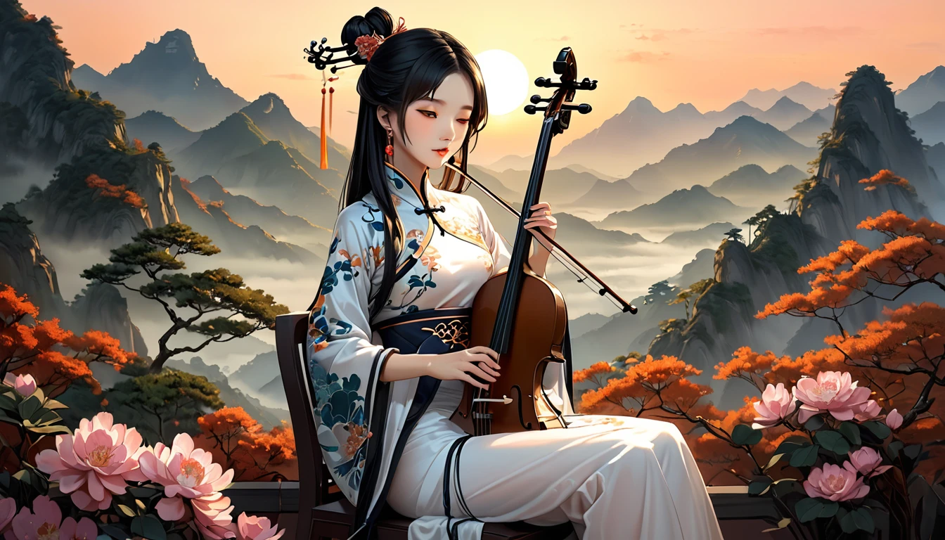 1 anime chinese girl,Playing erhu,Holding an Erhu, (((masterpiece,Highest quality))),((Good structure,Good composition,Good Atomy)), ((clear, original,beautiful)),sitting on chair, outdoors, chinese nature,Background like a Chinese ink painting, She is dressed in elegant traditional Chinese clothing, such as a qipao or hanfu which flows beautifully as she plays.The background features a majestic scene of misty Chinese mountains at dawn, with the sky painted in warm hues of orange, pink, and gold, creating a serene and enchanting atmosphere. soft, ethereal lighting enhances the landscape, highlighting the beauty of the moment as the sun rises and bathes the scene in a gentle glow, closeing eyes