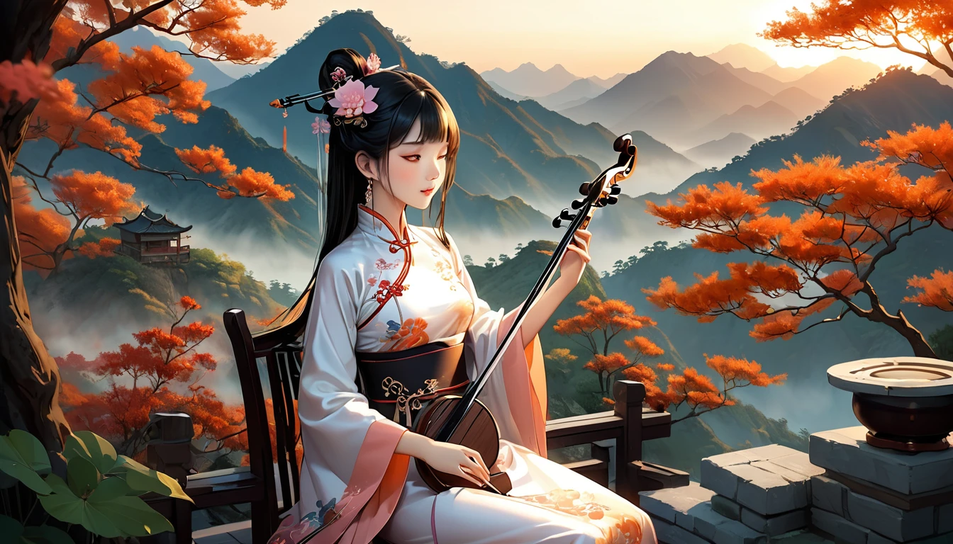 1 anime chinese girl,Playing erhu,Holding an Erhu, (((masterpiece,Highest quality))),((Good structure,Good composition,Good Atomy)), ((clear, original,beautiful)),sitting on chair, outdoors, chinese nature,Background like a Chinese ink painting, She is dressed in elegant traditional Chinese clothing, such as a qipao or hanfu which flows beautifully as she plays.The background features a majestic scene of misty Chinese mountains at dawn, with the sky painted in warm hues of orange, pink, and gold, creating a serene and enchanting atmosphere. soft, ethereal lighting enhances the landscape, highlighting the beauty of the moment as the sun rises and bathes the scene in a gentle glow, closeing eyes