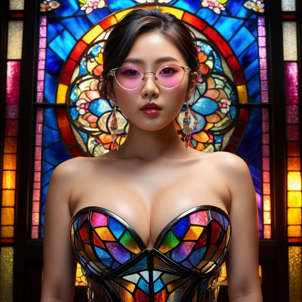 Highest quality, 8k resolution, masterpiece, Professional photography, ((Liquid Water Metal Fashion))、One Japanese woman, 28 years old, Upper Body View, The background is colorful stained glass, Enchanting atmosphere, Modern scene, Rainbow Glasses, Sexy attractive girl, Large Breasts, Stunning sexy girl, , Wearing a big gown