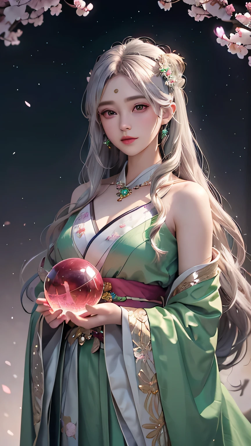((Holding a glowing crystal ball in both hands)),Upper Body,((looking at viewer)),Luxurious green kimono,Cherry blossom hair accessory,Silvery curly hair,Cherry blossom hair accessory,Beautiful and delicate face,blush,green eyes,big eyes,Extremely fine resolution,Top quality,Golden Full Moon,mysterious,Starry Sky