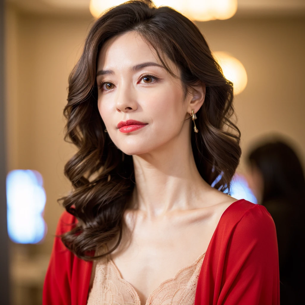 Beautiful mature woman with beautiful wavy long hair, Sexy clothes, Mature Woman, Red lipstick, Ultra-high resolution,(Realistic:1.4), ((Highest quality)), ((masterpiece)), (be familiar with),