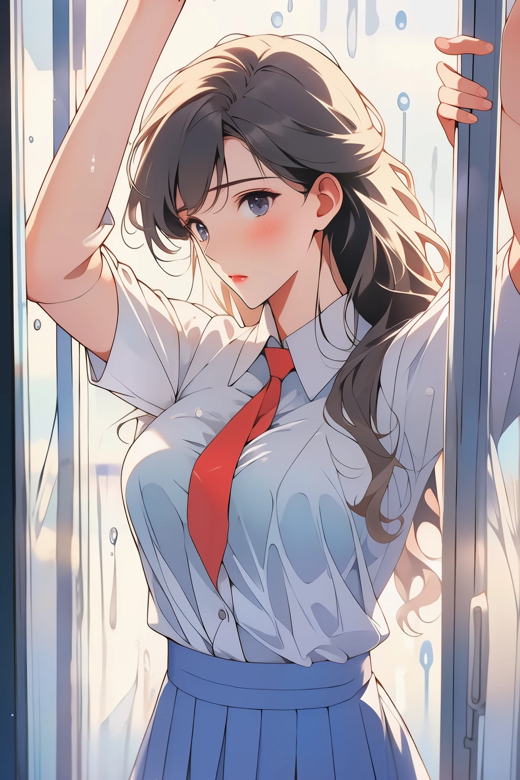 Behind the frosted glass, masterpiece, best quality, breasts_on_glass,1girl, fit body, sweat, breasts on windows, drop of water, breasts squeezed by glass, school uniform