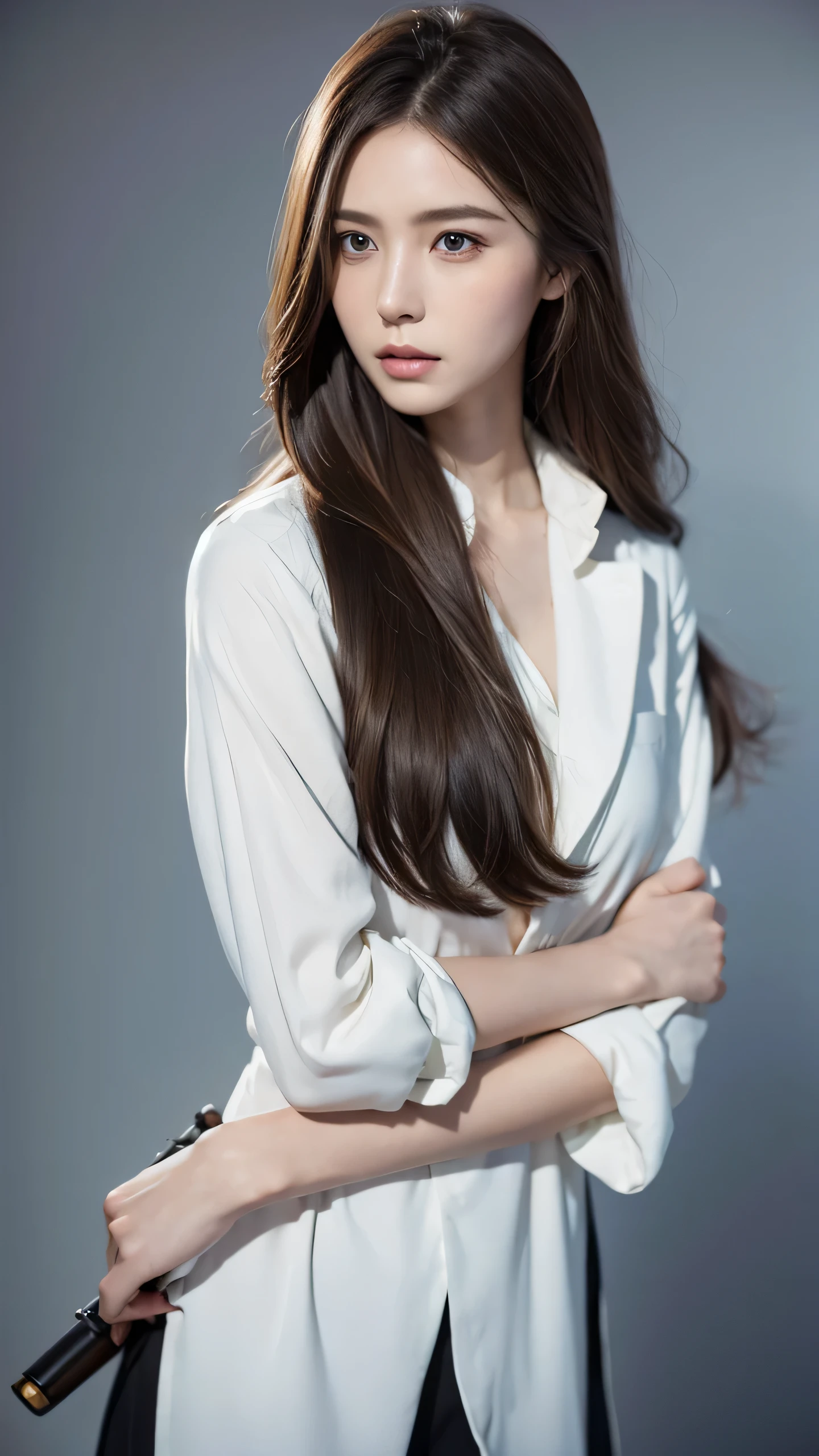 Highest quality, masterpiece, Ultra-high resolution, (Realistic:1.4), RAW Photos,One Girl, Brown Hair,Semi-long hair,Great style,Black suit,Detailed eyes,Heterochromia iridis,Realistic,Get your gun ready?,Combat figures,Hitman,Plain background
