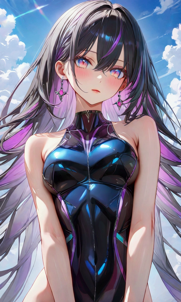 score_9, score_8_superior, score_7_superior, score_6_superior, wallpaper cute asian woman in swimsuit in space - aivamay, 1girl, breasts, solo, armpits, black hair, purple eyes, long hair, arms behind head, covered navel, arms up, skindentation, thigh strap, multicolored hair, colored inner hair, looking at viewer, ahoge, very long hair, hair over one eye, thighhighs