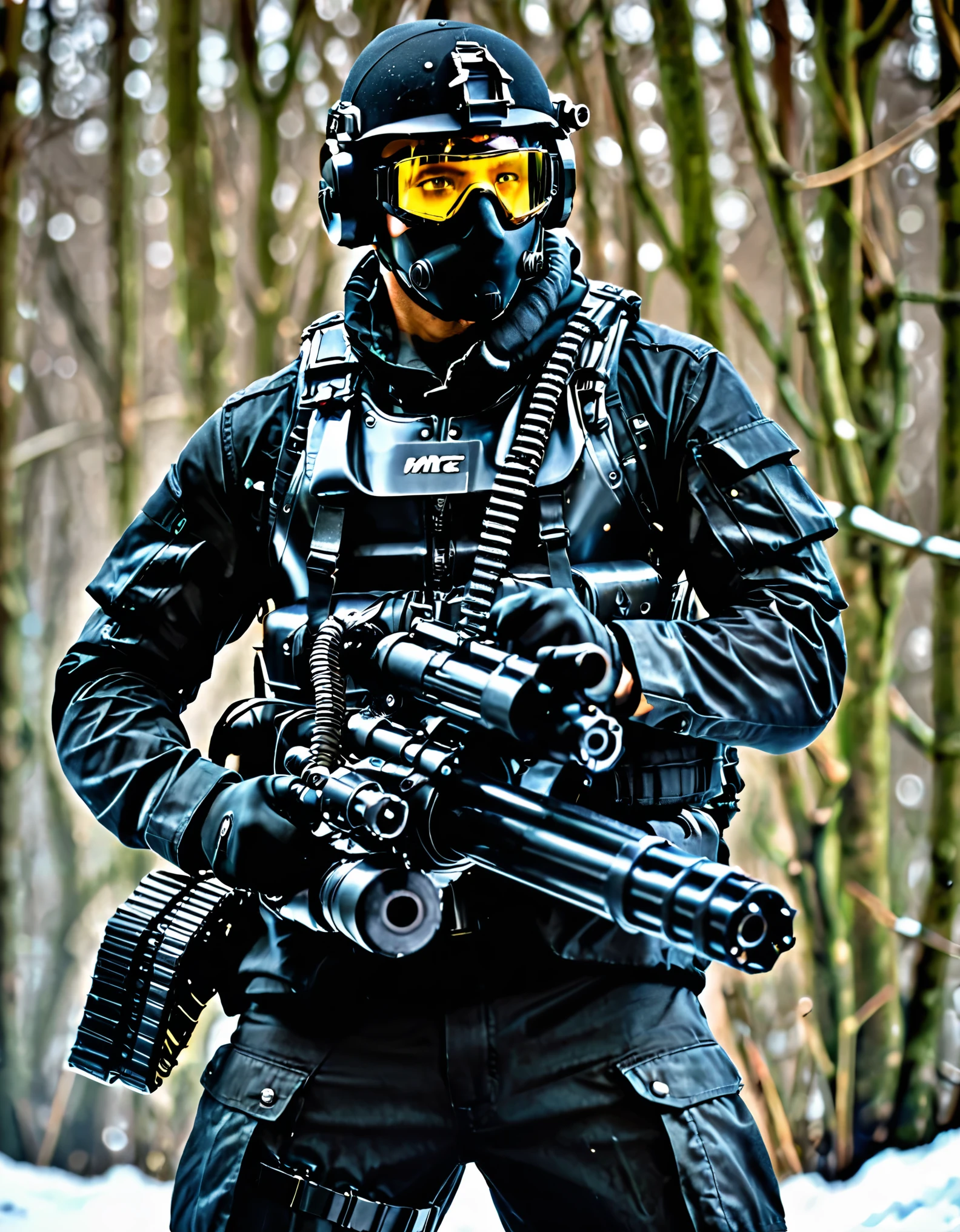 (masterpiece), (highly detailed), (best quality), (high quality), (hires), 1boy, age 30, (black m134 minigun, shell casings from gun), tactical vest, gloves, black tactical gloves, matching boots, goggles, goggles on headwear, gun, handgun, helmet, headset, tactical ski mask, male focus, military, military uniform, realistic, solo, trigger discipline, uniform, black uniform, weapon.