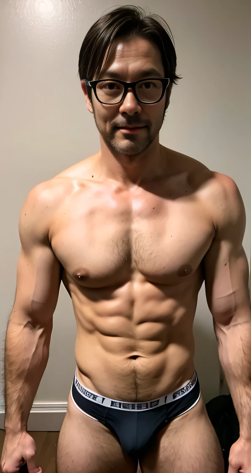 natural male、40 years old、male、Japanese、very handsome、abs、Pectoral muscle、ck black-underwear、sexy pose、body hair、full-length picture,wearing glasses