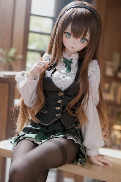 (SFW:2), photorealistic, realistic photo, 8k, ((highest quality)), ((masterpiece)), (extremely detailed), kukolnydom, doll, (mature woman, 21yo, 21 years old, solo:1.6), ((cowboy shot, sitting on chair, head tilt, slim, slender, skinny, medium breasts, hairband, ascot, vest, blouse, long puff sleeves, pleated skirt, black pantyhose)), (green eyes, brown hair, long hair, plastic skin, looking at another, glass eyes, gradient eyes, shining eyes, detailed eyes:1.3)